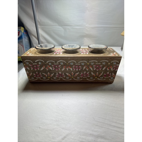 Jaipur Other - Floral Triple Tea Lite Candleholder Wooden Jaipur in Bloom Hand Painted